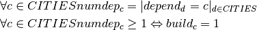 &\forall c \in CITIES numdep_c = |depend_d = c|_{d \in CITIES} \\
&\forall c \in CITIES numdep_c \geq 1 \Leftrightarrow build_c = 1 \\